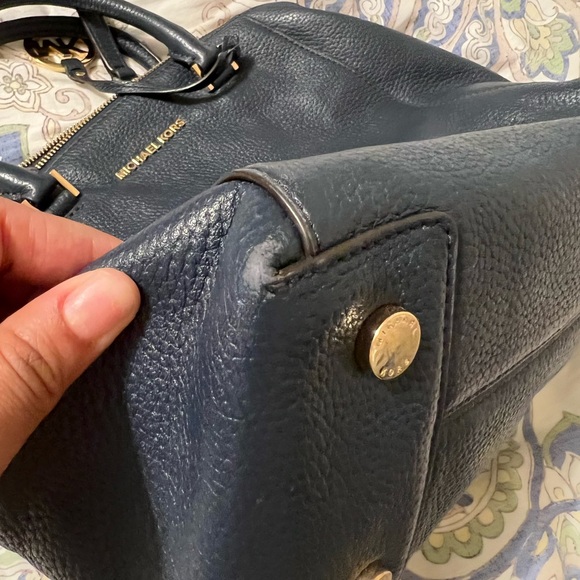 Navy Blue Michael Kors Large Pebbled Leather Satchel Purse - Picture 9 of 10